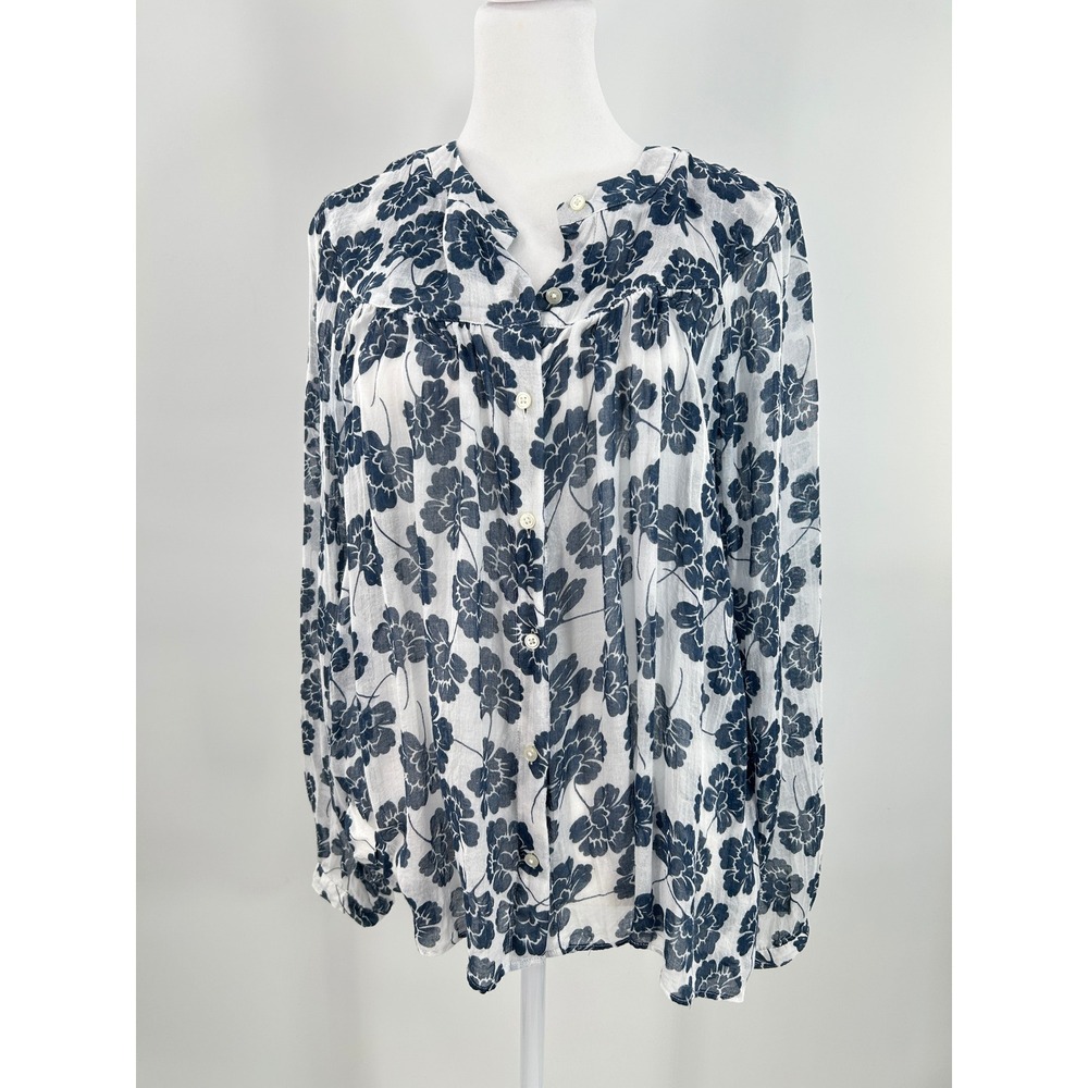 LOFT Blue Floral Peasant Blouse Lightweight Button Front XS Oversized Gauzy